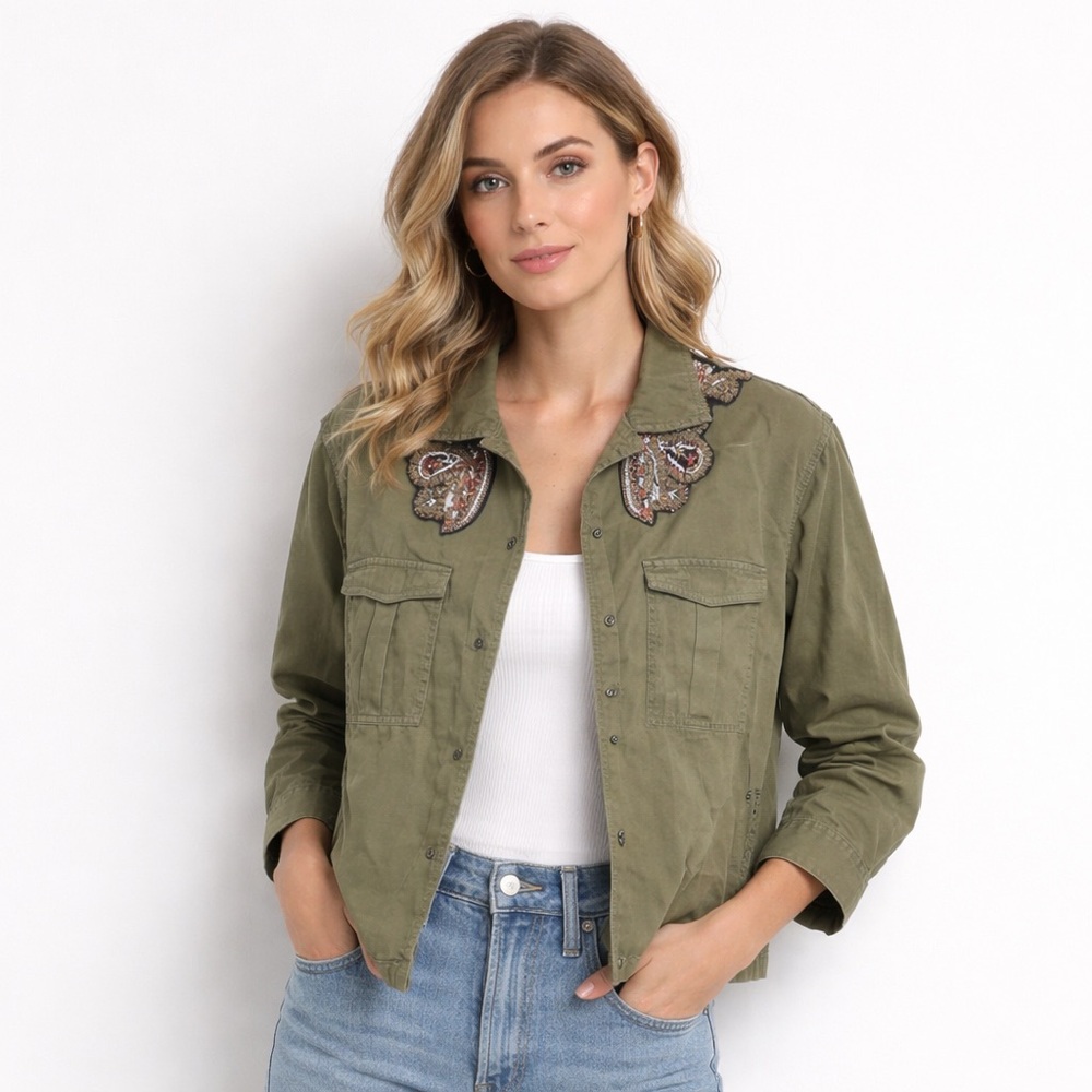 Zara‎ Army Green Beaded Embroidered Button Down Shirt Size S NWT | Military